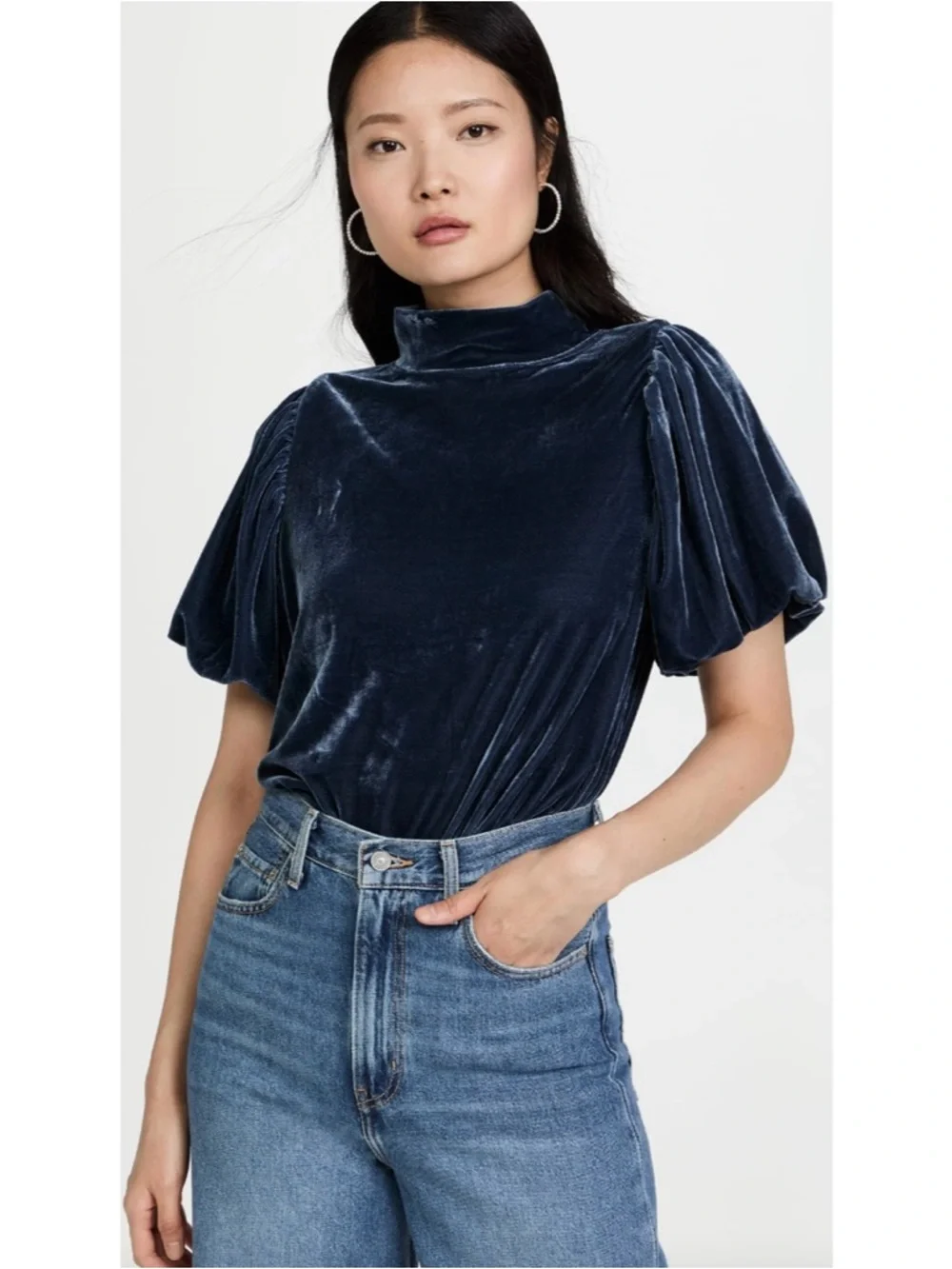 Free People Claudia Velvet Puff Sleeve Top Blouse Outerspace Blue Large